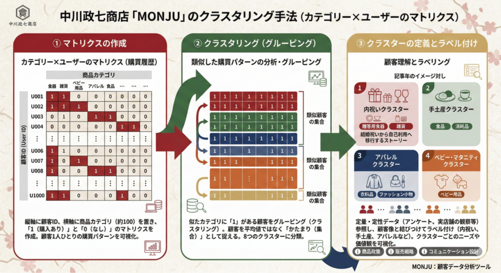 MONJUのクラスタリング手法（カテゴリー×ユーザーのマトリクス）