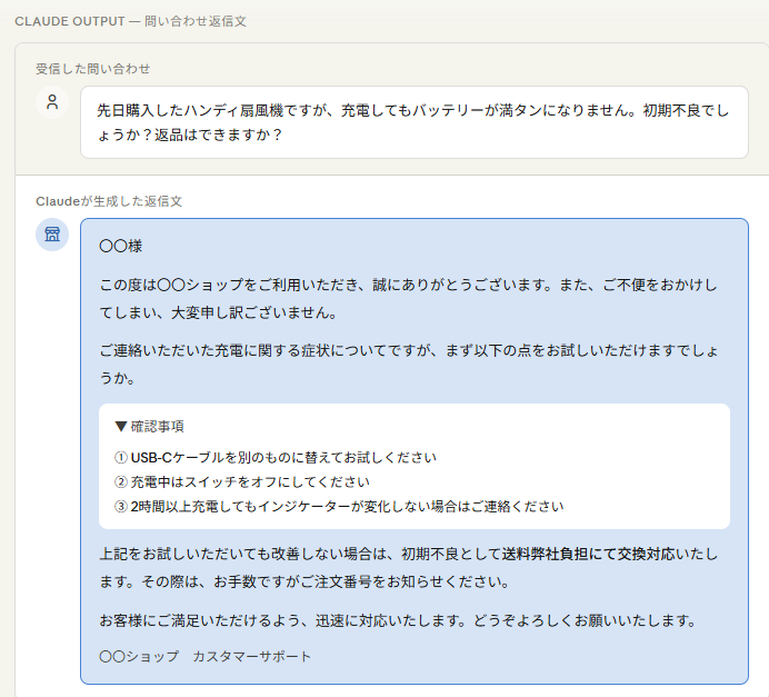 問い合わせ対応の例